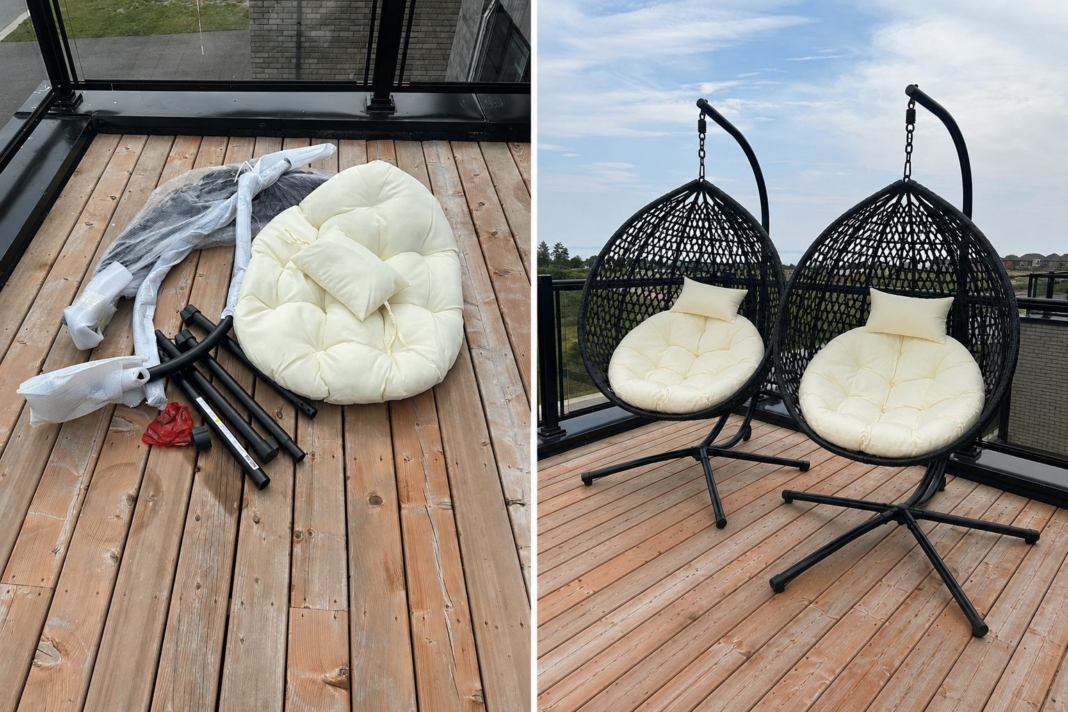 Swing chair assembly before and after
